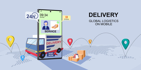 Online delivery global logistics concept. Delivery home and office. City logistics. Warehouse, Truck, Delivery application, Delivery service on mobile. Flat style vector illustration