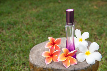 A spray bottle with beautiful flowers on a wooden floor in the green lawn.