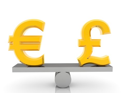 Golden English pound and euro sign on a balance swing