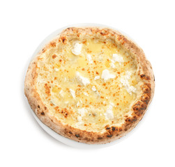 Delicious cheese pizza isolated on white, top view