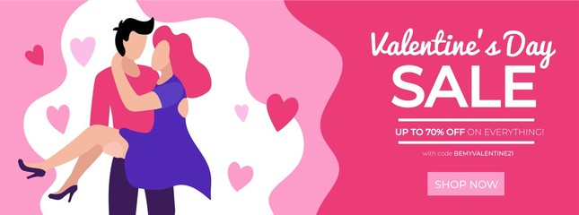 Naklejka na ściany i meble Happy valentines day sale banner with code vector illustration. Lovers and flying heart decorations flat style design. Discount on everything and shop now button. Love holiday concept