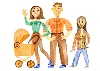 Happy family young mom with stroller daddy daughter and dog