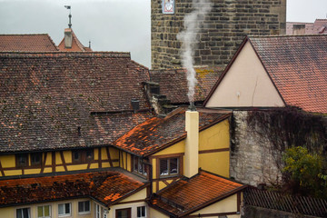 View from town wall of facades and roofs of medieval old town Rothenburg ob der Tauber, Bavaria,...