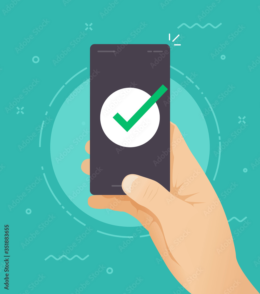 Poster phone with checkmark on screen symbol or confirm tick icon on smartphone as done task vector flat ca