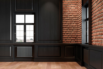 Empty loft interior with wall panel, brick wall and wood floor. 3d render illustration mock up.