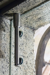 Glass door hinges metal fittings with door locking mechanism, close up