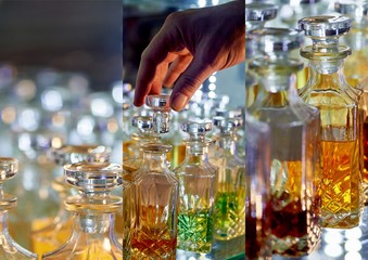 Glass perfume bottles based oils. A Bazaar, market. Macro. Gold and pink gamma