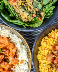 A trio of dishes including Butter Chicken, Vegetarian Dhal and Beef Bourguignon in round bowls