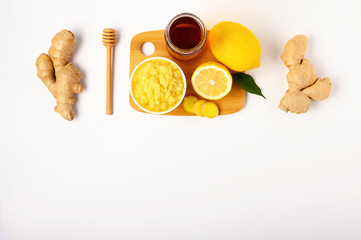 .Natural medicine. Immunostimulating products: lemon, honey, ginger root. Copy space.