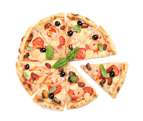 Tasty pizza with seafood isolated on white, top view