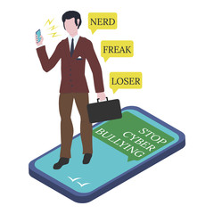 Stop cyber bullying and trolling. Young man student victim with smartphone. Vector illustration isolated on white background. Social network media community technology problems. Lightning insults.