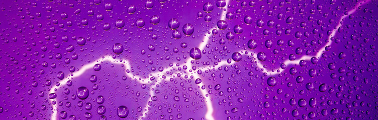 Banner with the image of lightning reflected in raindrops on the glass