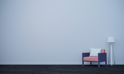 Modern interior, with white wall, velvet chair, floor lamp, Mock up. 
