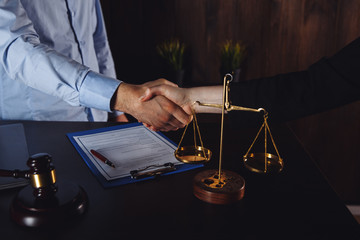 Legal agreement in lawyer office. Male and female after consulting