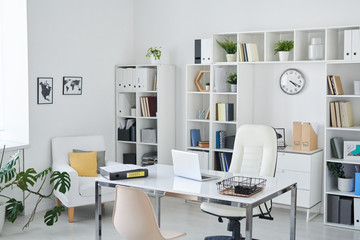 Office of business person with desk, armchair of professional, chair for clients