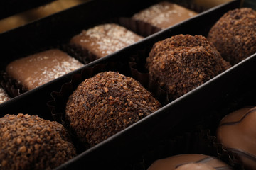 Many different chocolate candies in box, closeup