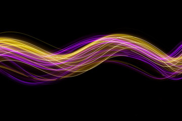 Long exposure photograph of neon pink and gold colour in an abstract swirl, parallel lines pattern against a black background. Light painting photography.