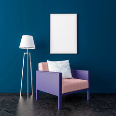 Modern classic blue interior, with velvet blue wall , chair in purple color  and floor lamp, Mock up. "3D illustration"