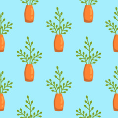 Seamless pattern of house plants on a light blue background. Cute flat cartoon vector illustration