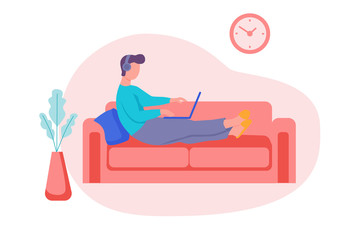 A young man is working on a laptop and sitting on the sofa. Concept freelance, remote work, work from home, self-isolation, quarantine, entertainment. Flat cartoon vector illustration.