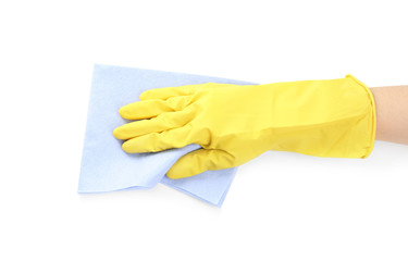 Person in rubber glove with rag on white background, closeup of hand