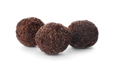Delicious chocolate candies isolated on white. Fancy confectionery