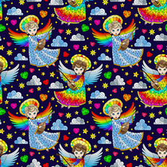 Seamless pattern on the theme of Valentine's day, cute angels and hearts on a dark blue background