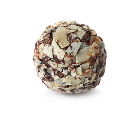 Delicious chocolate candy with almond flakes isolated on white