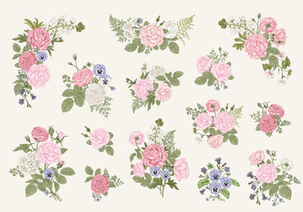 Bouquets with flowers. Blooming  garden. Vector illustration.