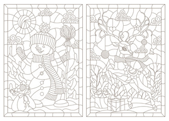 Set of contour illustrations of stained glass Windows on the theme of winter holidays, snowman and deer, dark outlines on a white background