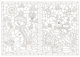 Obraz premium Set of contour illustrations of stained glass Windows on the theme of winter holidays, snowman and deer, dark outlines on a white background