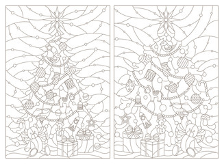 Fototapeta na wymiar Contour illustrations of a stained glass window with a Christmas tree and a toy bear ,dark outlines on white background