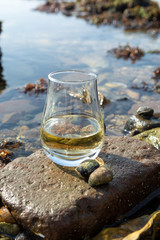 Tasting glass of Scotch whisky and sea shore during low tide, smoky whisky pairing with oysters