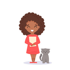 Vector cute little African American girl with hairstyle. Little girl dressed in red dress with cute cat. Vector flat cartoon hand drawn illustration