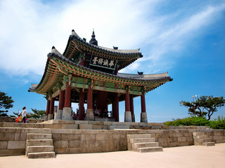 Colorful prayers temple pagoda of the UNESCO heritage site the city walls of SUwon, South Korea