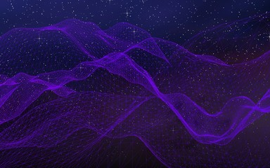 Fototapeta premium Abstract ultraviolet landscape on a dark background. Purple cyberspace grid. hi tech network. Outer space. Violet starry outer space texture. 3D illustration