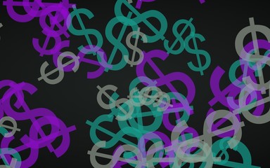 Multicolored translucent dollar signs on dark background. Green tones. 3D illustration