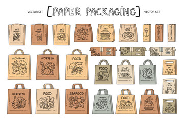 Vector cartoon set with paper packaging. Isolated bags and boxes for food delivery on white background. Hand drawn doodles for use in design