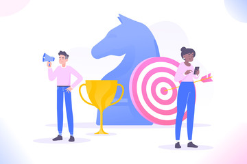 Target strategy and business goal concept. Chess knight, dart board and golden cup as business metaphor, financial success, vector illustration