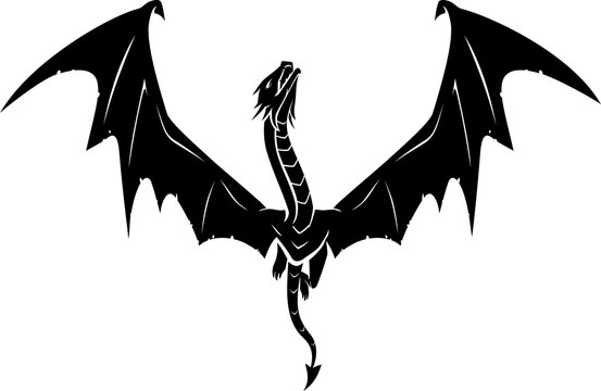 Black Dragon Silhouette, Flying Upward. Fantasy Creature Illustration