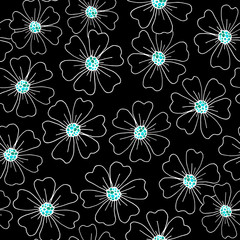 Seamless pattern with watercolor stain and flowers. Hand isolated illustration on a black background for the design of the background, cover, sticker, template, cosmetic products.
