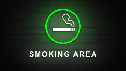 Smoking area neon sign on the brick background.