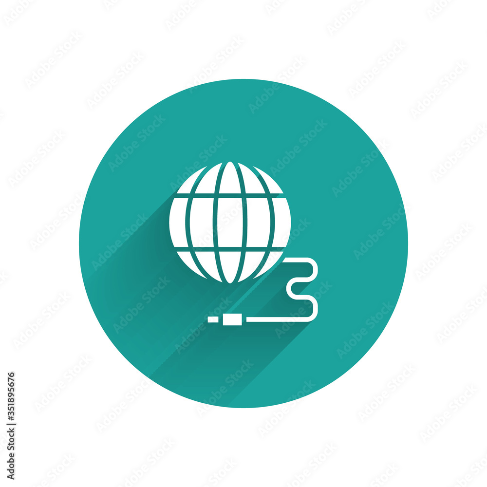 Poster white global technology or social network icon isolated with long shadow. green circle button. vecto