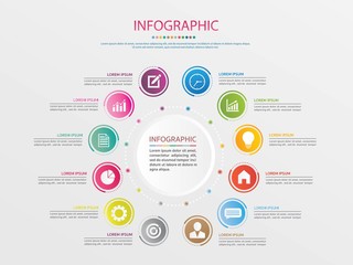 Infographics design vector and marketing icons. Business concept with 12 options, steps or processes .12 colors.