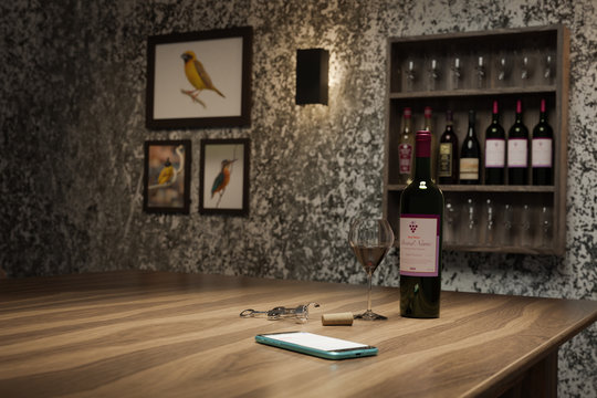 3D illustration of wine bottle and glass on a wooden table together with mobile phone