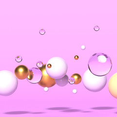 Abstract composition with golden, transparent, yellow and white spheres flying in the air on pink background. Colorful glossy bubbles. Futuristic background. 3D render.