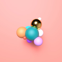 Abstract composition with golden and colorful spheres cluster. Colorful glossy bubbles. Futuristic background. 3D rendering.