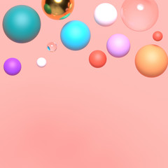 Abstract composition with golden, transparent, blue, pink, purple, and yellow plastic spheres. Colorful glossy bubbles. Futuristic background. 3D render.