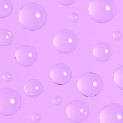Abstract composition with transparent plastic bubbles on purple background. Glossy balls. Water drops or raining concept. 3D render.