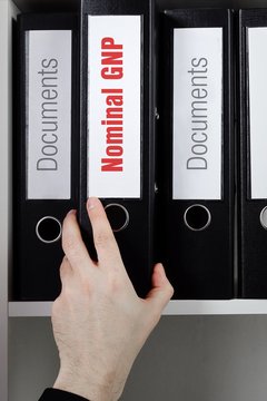 Nominal GNP. Finance/Economics. File Folder is taking by a hand from office shelf. Text is on the label of the documents. Business, Statistics